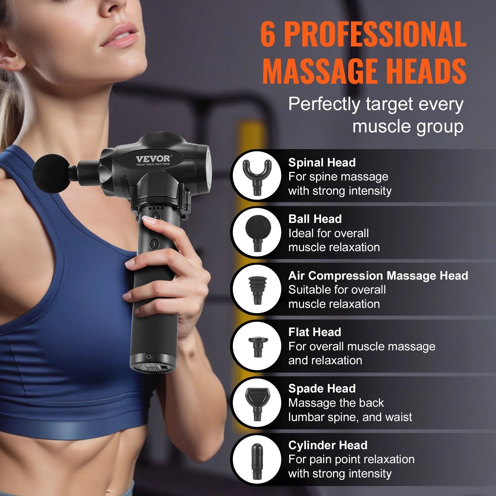 VEVOR Massage Gun Deep Tissue with 9 Speed Levels & 6 Massage Heads, 24V 2500Mah Batteries, Percussion Muscle Massager for Athletes