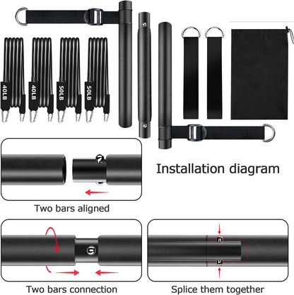 Pilates Bar Kit with Adjustable Resistance Bands (40Lbs & 50Lbs) - 3-Section Bar for Home Gym Full Body Workout and Lower Body Sculpting