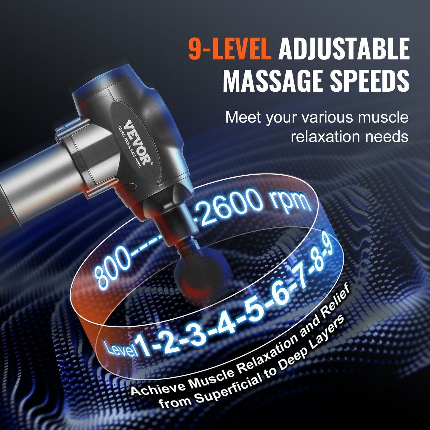 VEVOR Massage Gun Deep Tissue with 9 Speed Levels & 6 Massage Heads, 24V 2500Mah Batteries, Percussion Muscle Massager for Athletes