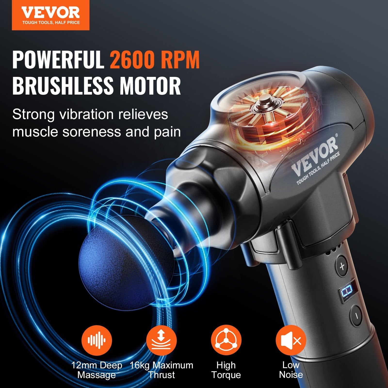 VEVOR Massage Gun Deep Tissue with 9 Speed Levels & 6 Massage Heads, 24V 2500Mah Batteries, Percussion Muscle Massager for Athletes