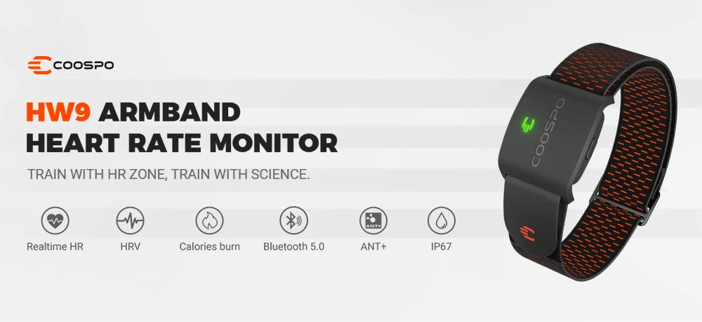 COOSPO HW9 Armband Heart Rate Monitor with HR Zones/Calories HRM Sensor for Fitness Cycling BLE5.0 ANT+ for Peloton,Zwift,Wahoo