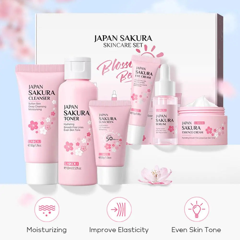 6 Piece Sakura Skin Care Set Face Cream Serum Toner Cleanser