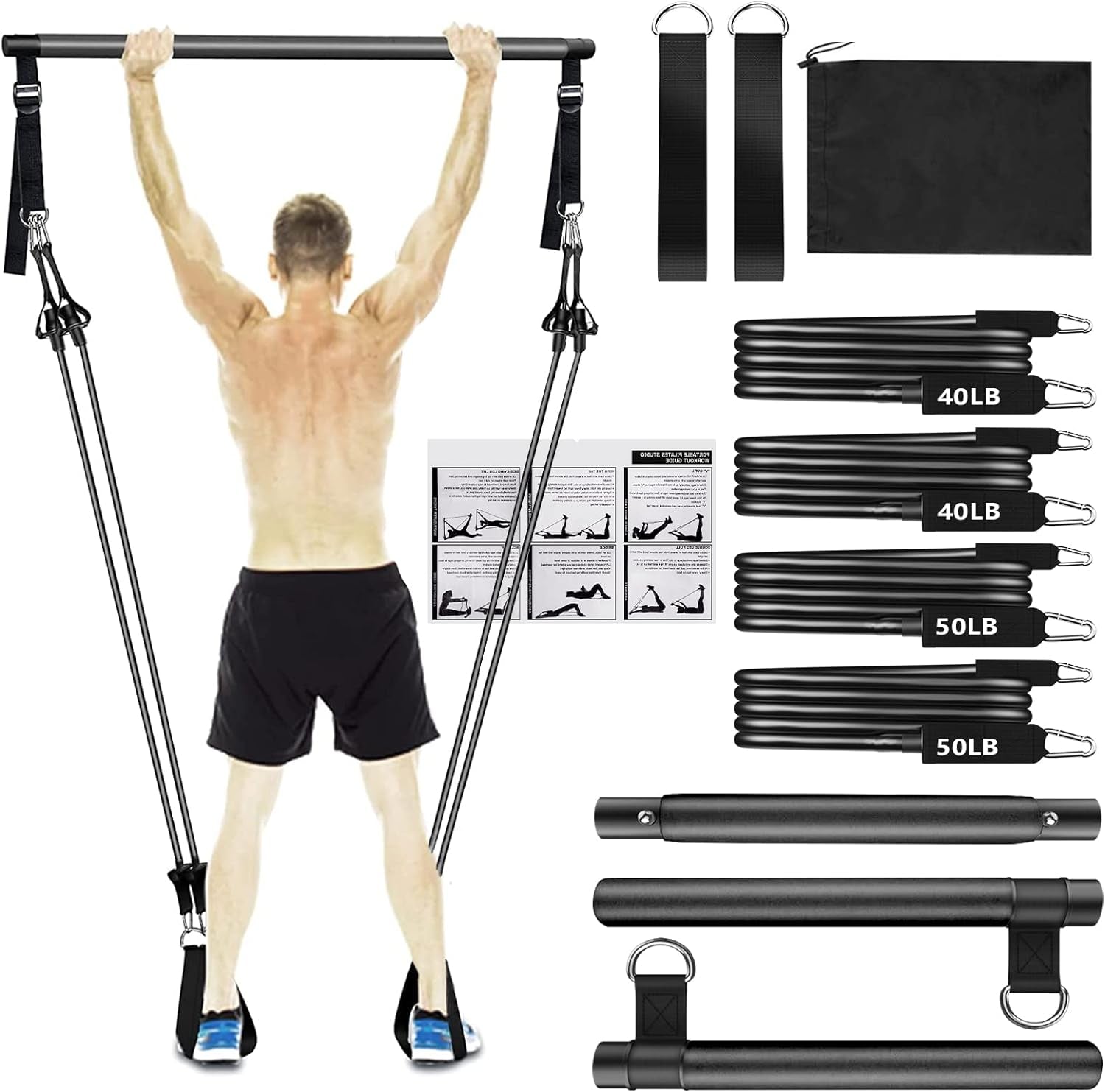 Pilates Bar Kit with Adjustable Resistance Bands (40Lbs & 50Lbs) - 3-Section Bar for Home Gym Full Body Workout and Lower Body Sculpting