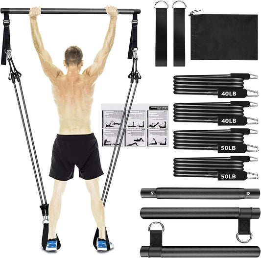 Pilates Bar Kit with Adjustable Resistance Bands (40Lbs & 50Lbs) - 3-Section Bar for Home Gym Full Body Workout and Lower Body Sculpting