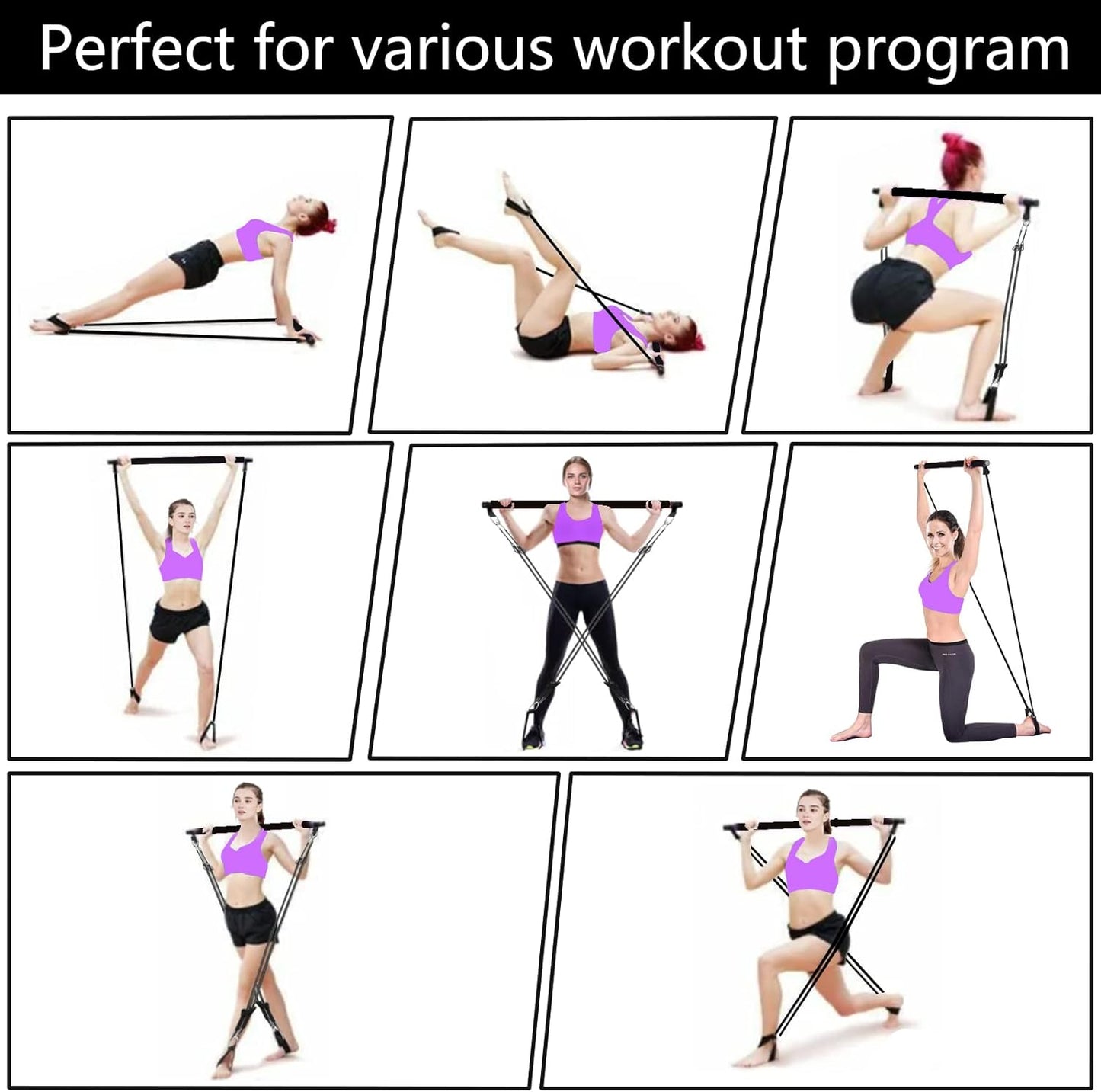 Pilates Bar Kit with Adjustable Resistance Bands (40Lbs & 50Lbs) - 3-Section Bar for Home Gym Full Body Workout and Lower Body Sculpting